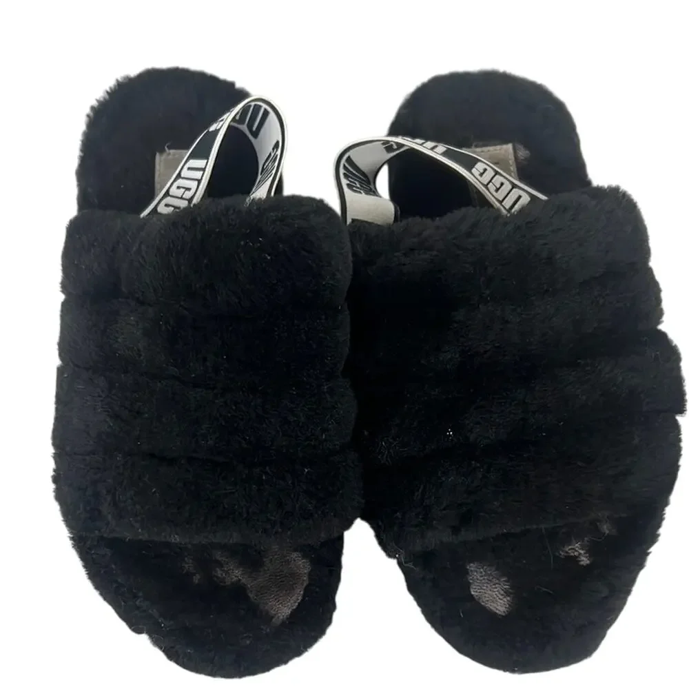 Ugg sz4 black fluff yeah pull on slippers sandal